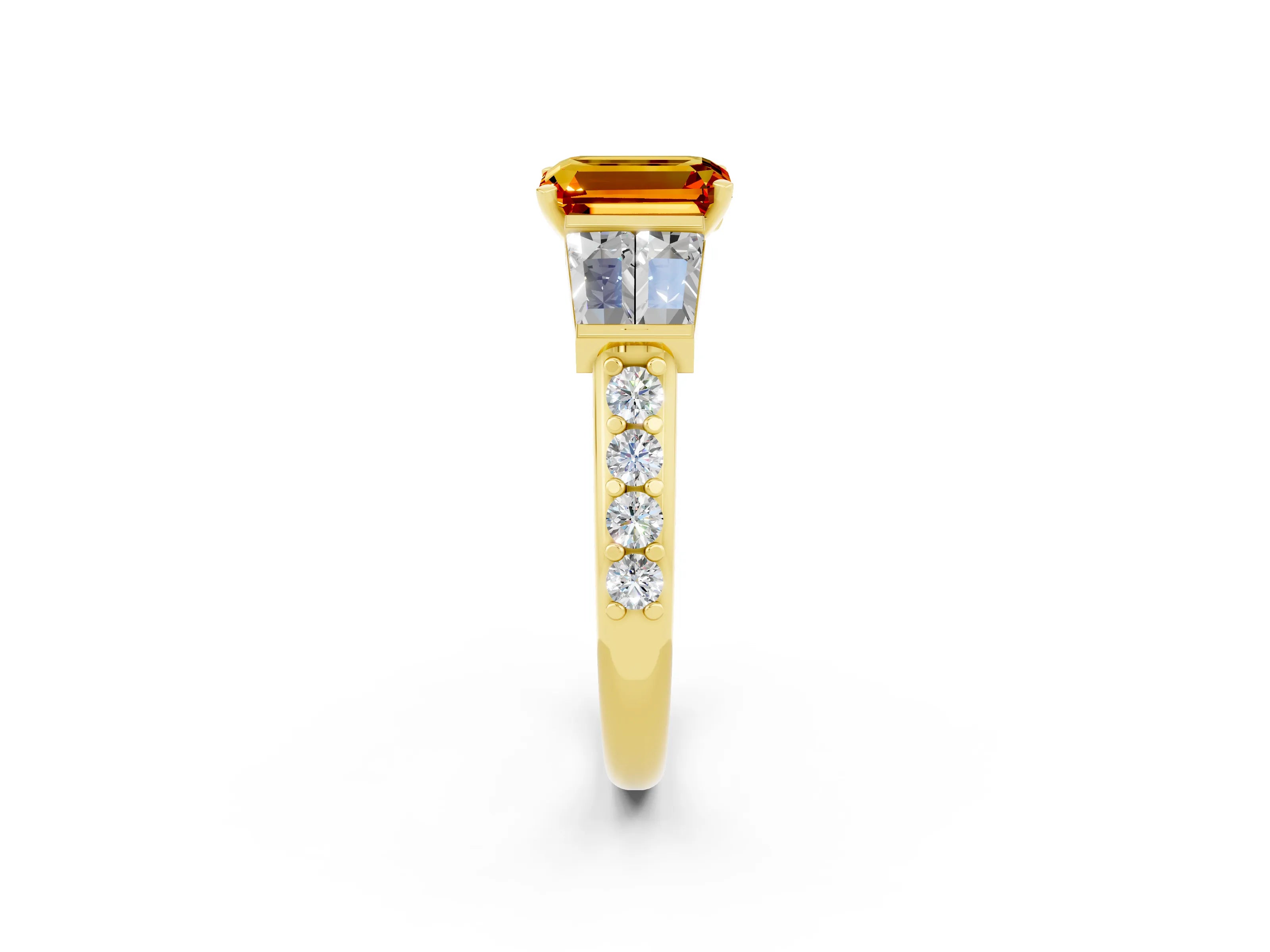 Yellow gold Emerald Cut Citrine Engagement Ring with Baguette Side Stones and Channel Set Band_2