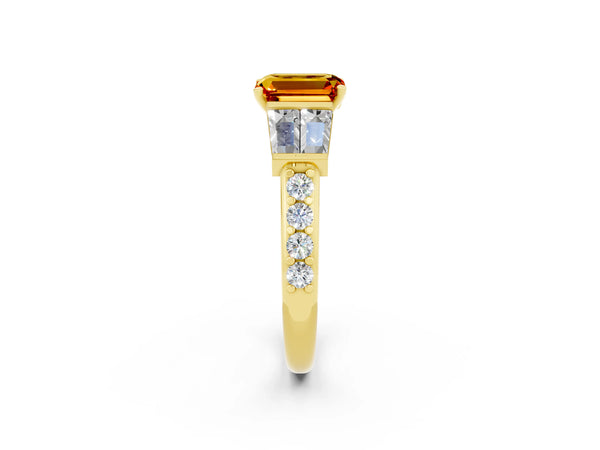 Yellow gold Emerald Cut Citrine Engagement Ring with Baguette Side Stones and Channel Set Band