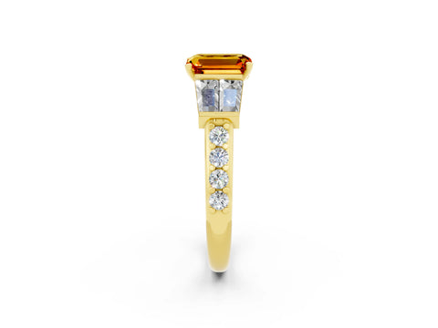 Yellow gold Emerald Cut Citrine Engagement Ring with Baguette Side Stones and Channel Set Band_2