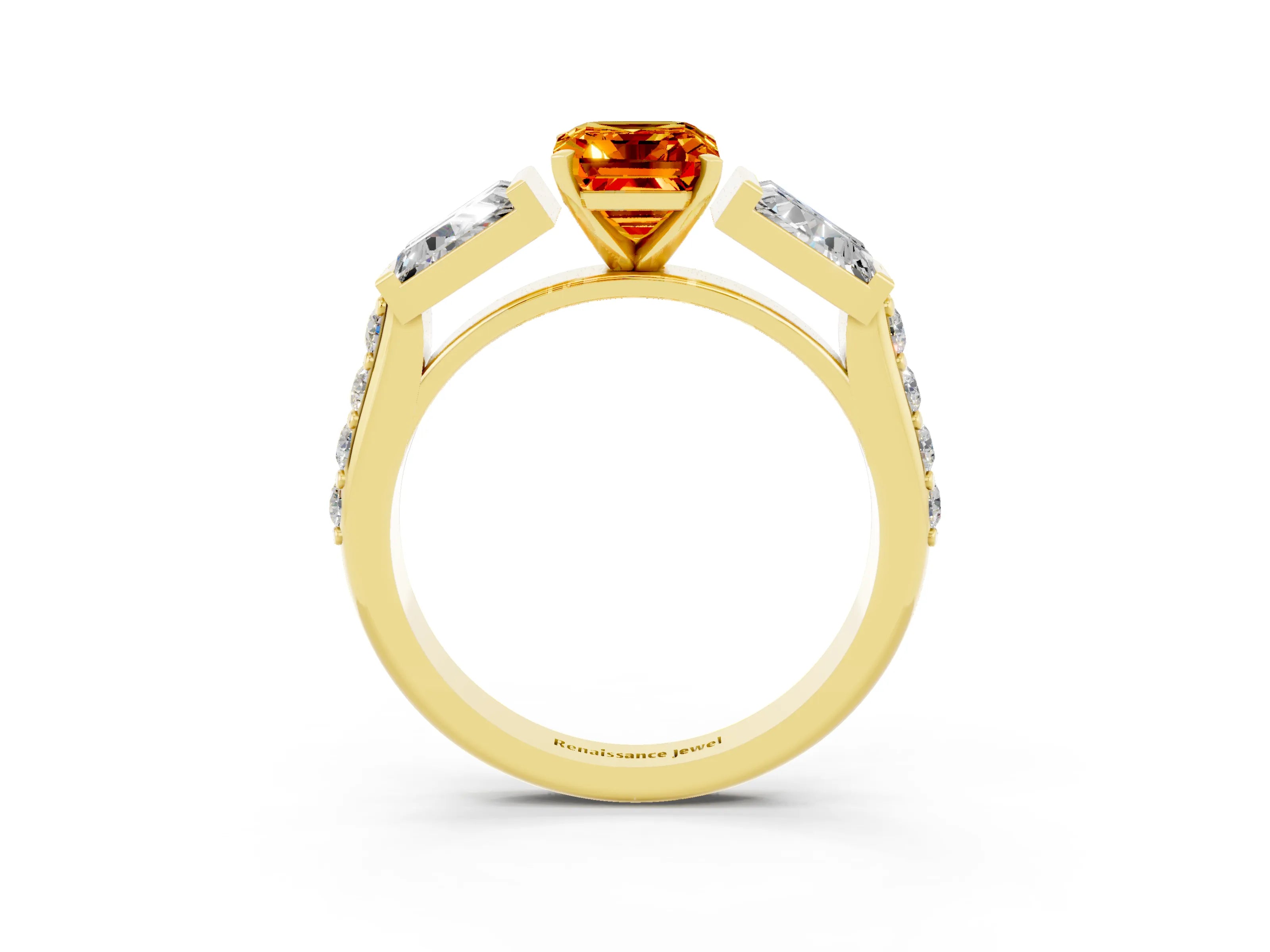 Yellow gold Emerald Cut Citrine Engagement Ring with Baguette Side Stones and Channel Set Band_3