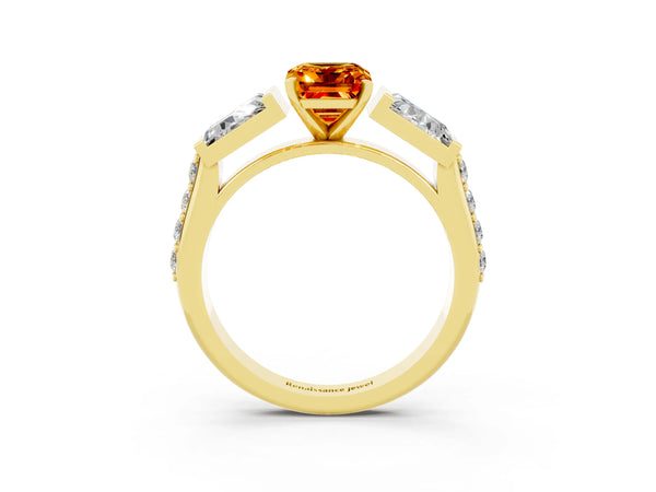 Yellow gold Emerald Cut Citrine Engagement Ring with Baguette Side Stones and Channel Set Band
