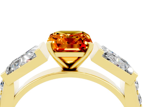 Yellow gold Emerald Cut Citrine Engagement Ring with Baguette Side Stones and Channel Set Band_4