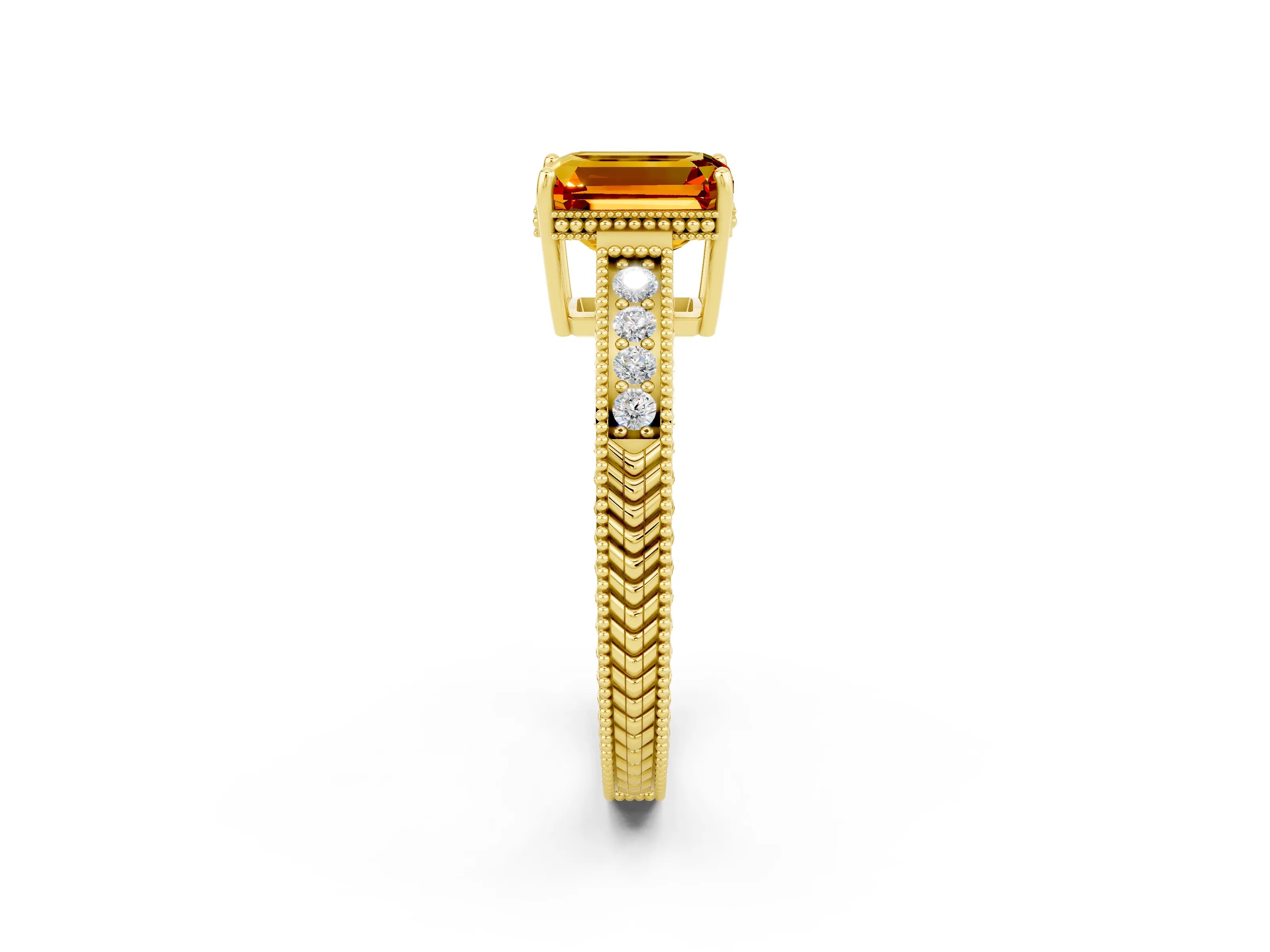 Yellow gold Emerald Cut Citrine Engagement Ring with Milgrain Channel Set Band and Prong Setting_2