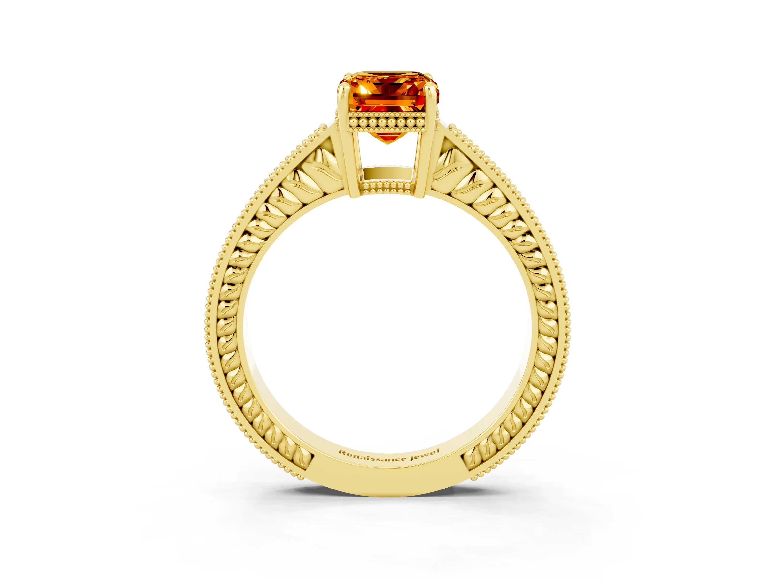 Yellow gold Emerald Cut Citrine Engagement Ring with Milgrain Channel Set Band and Prong Setting_3