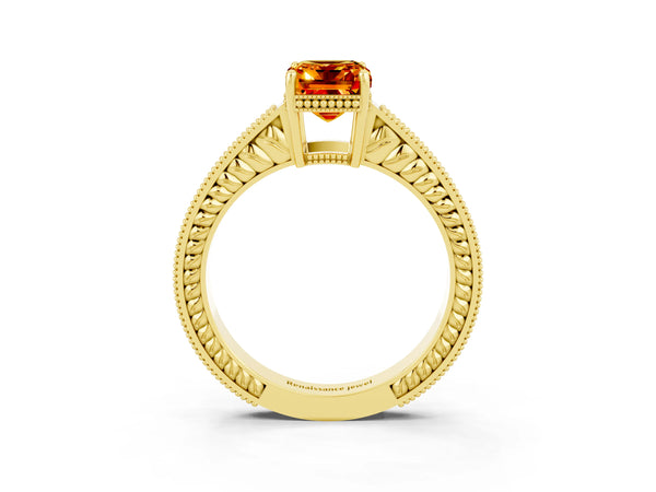 Yellow gold Emerald Cut Citrine Engagement Ring with Milgrain Channel Set Band and Prong Setting