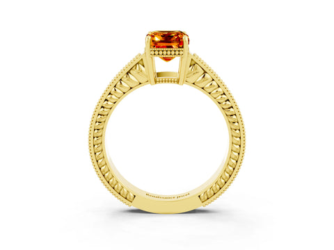 Yellow gold Emerald Cut Citrine Engagement Ring with Milgrain Channel Set Band and Prong Setting_3