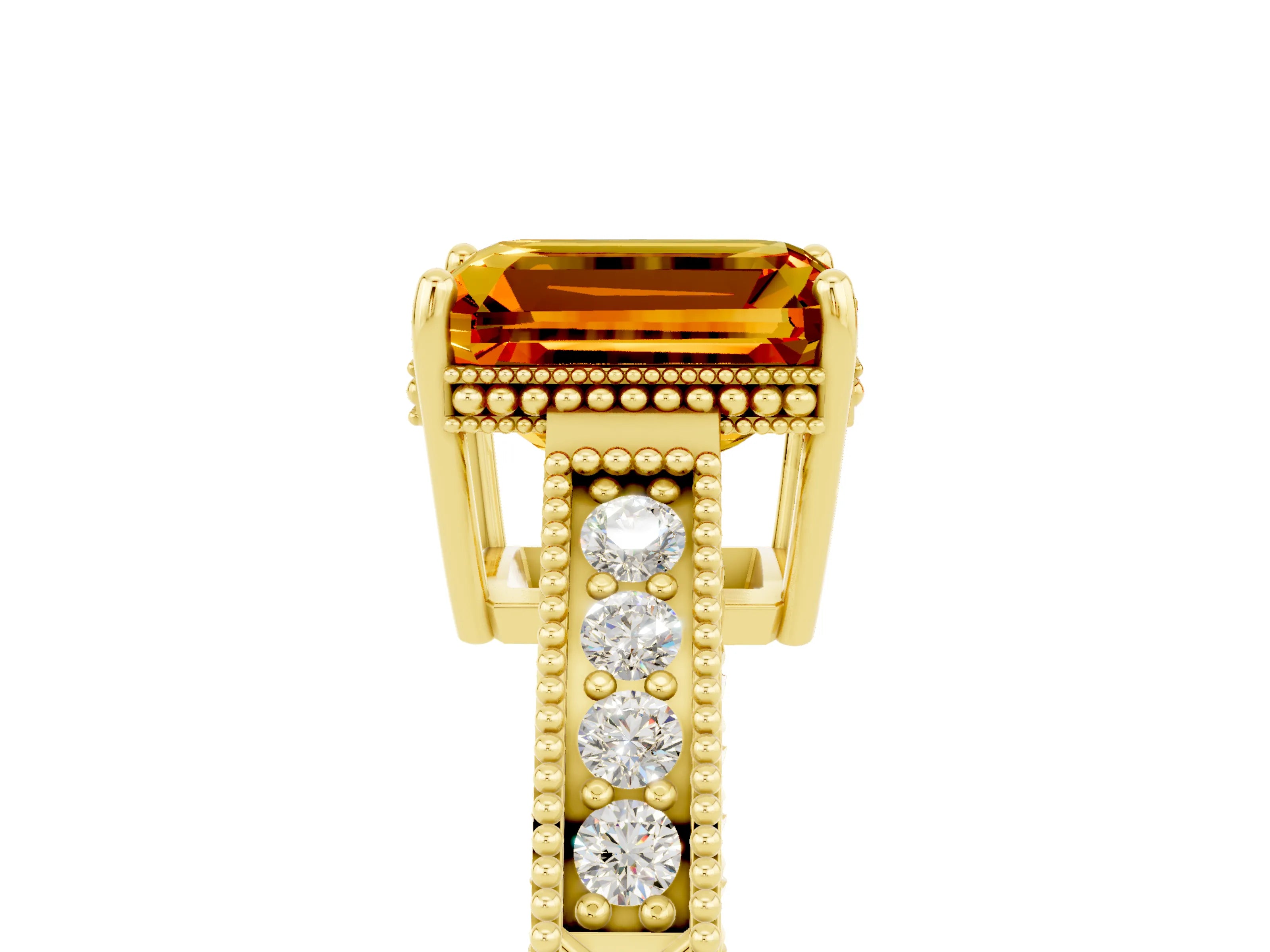 Yellow gold Emerald Cut Citrine Engagement Ring with Milgrain Channel Set Band and Prong Setting_5