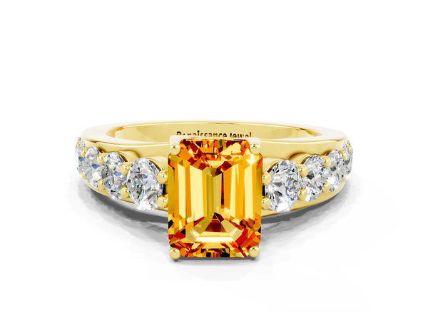 Yellow gold Emerald Cut Citrine Engagement Ring with Pavé Band and Four-Prong Setting