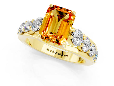 Yellow gold Emerald Cut Citrine Engagement Ring with Pavé Band and Four-Prong Setting_1