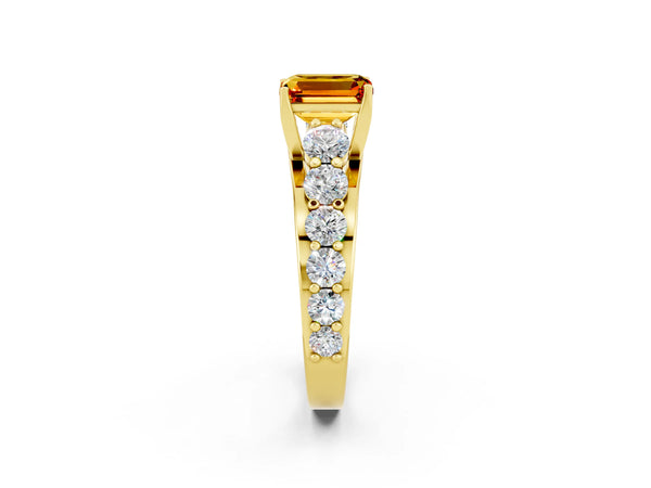 Yellow gold Emerald Cut Citrine Engagement Ring with Pavé Band and Four-Prong Setting