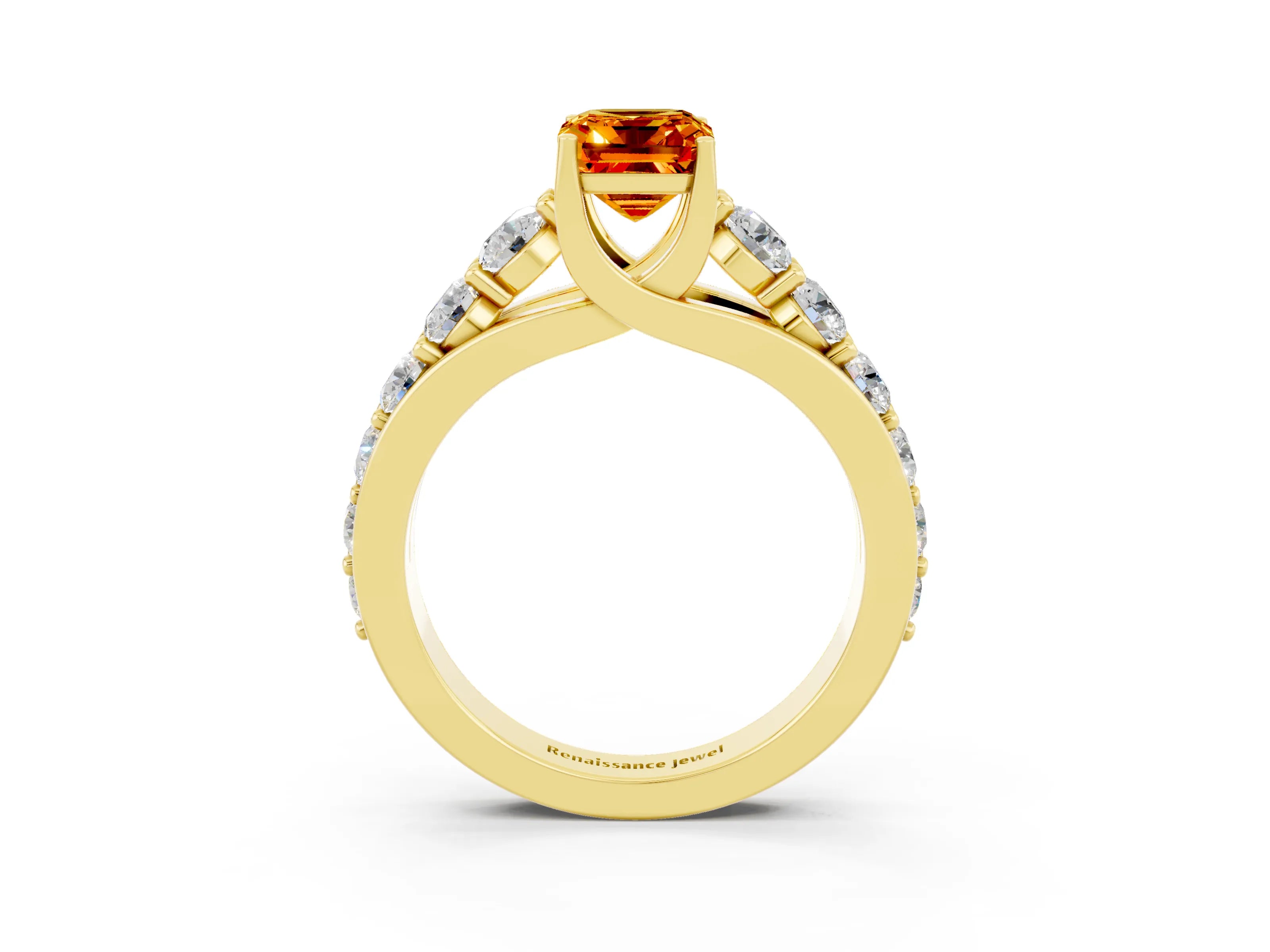 Yellow gold Emerald Cut Citrine Engagement Ring with Pavé Band and Four-Prong Setting_3