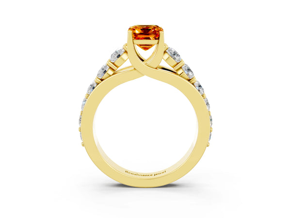 Yellow gold Emerald Cut Citrine Engagement Ring with Pavé Band and Four-Prong Setting