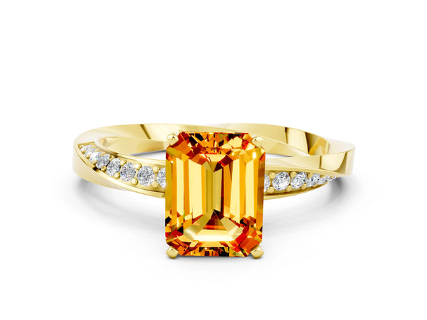 Yellow gold Emerald Cut Citrine Engagement Ring with Side Stone Accents and Four-Prong Setting