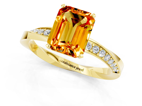 Yellow gold Emerald Cut Citrine Engagement Ring with Side Stone Accents and Four-Prong Setting