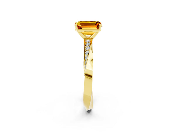 Yellow gold Emerald Cut Citrine Engagement Ring with Side Stone Accents and Four-Prong Setting