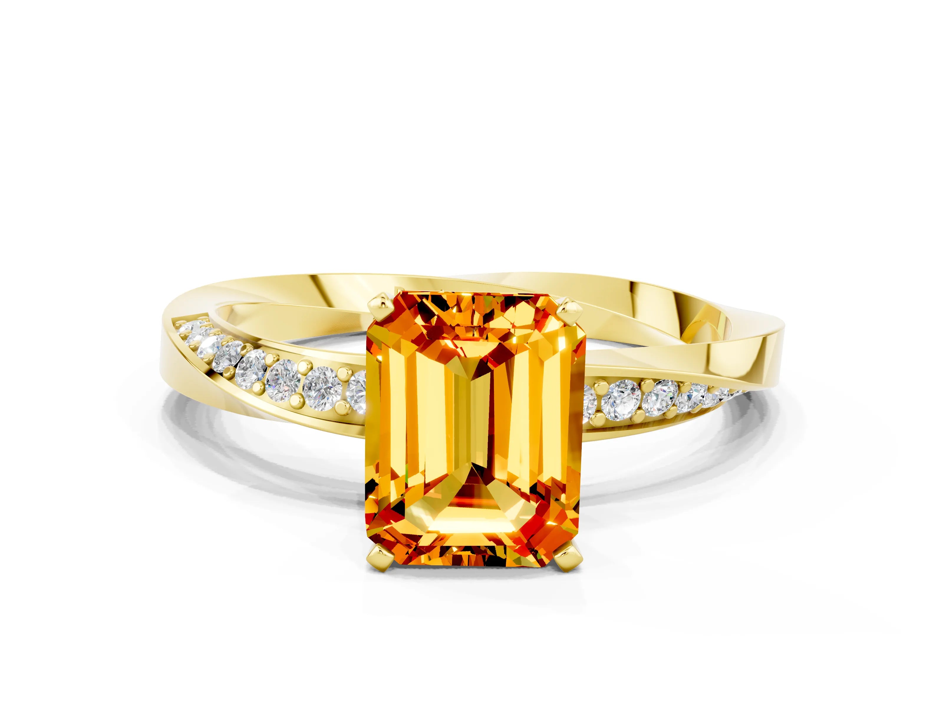 Yellow gold Emerald Cut Citrine Engagement Ring with Side Stone Accents and Four-Prong Setting_27