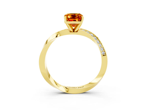 Yellow gold Emerald Cut Citrine Engagement Ring with Side Stone Accents and Four-Prong Setting