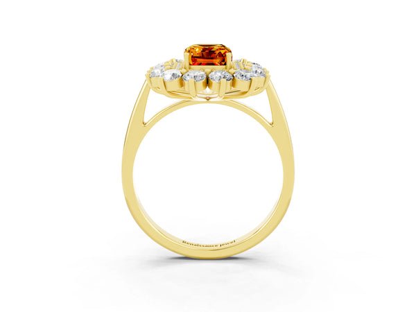Yellow gold Emerald Cut Citrine Floral Double Halo Engagement Ring with Prong Setting