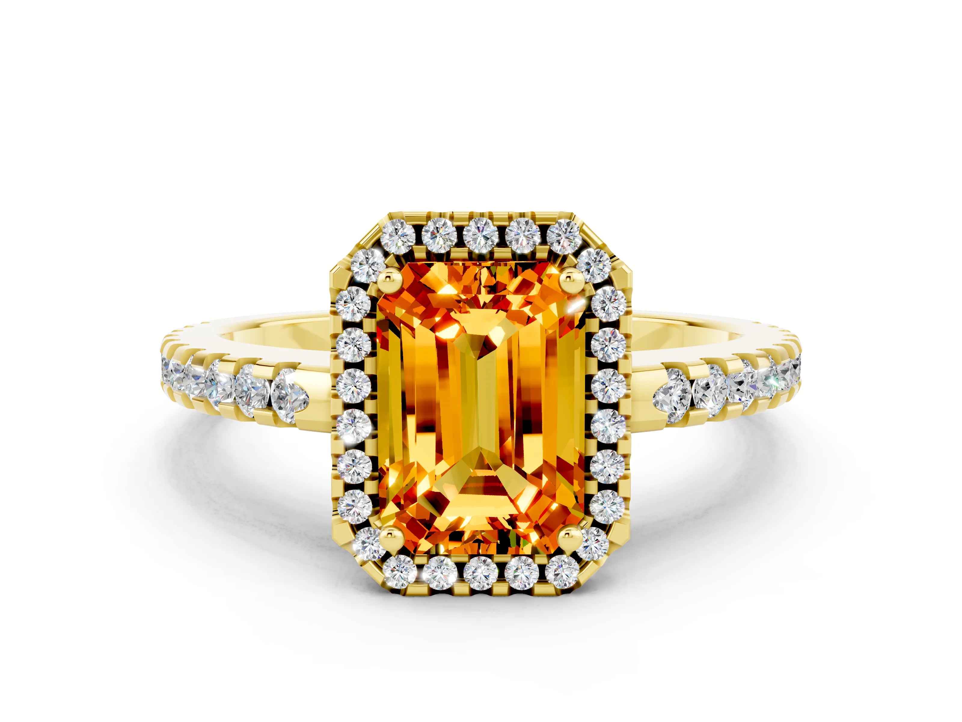 Yellow gold Emerald Cut Citrine Halo Engagement Ring with Pavé Band and Prong Setting_12
