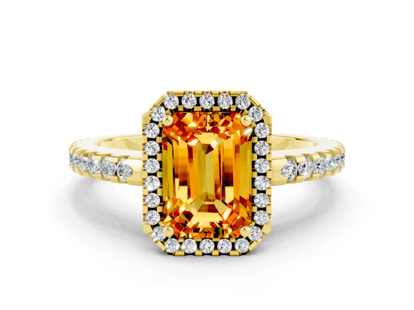 Yellow gold Emerald Cut Citrine Halo Engagement Ring with Pavé Band and Prong Setting