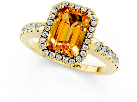 Yellow gold Emerald Cut Citrine Halo Engagement Ring with Pavé Band and Prong Setting_13