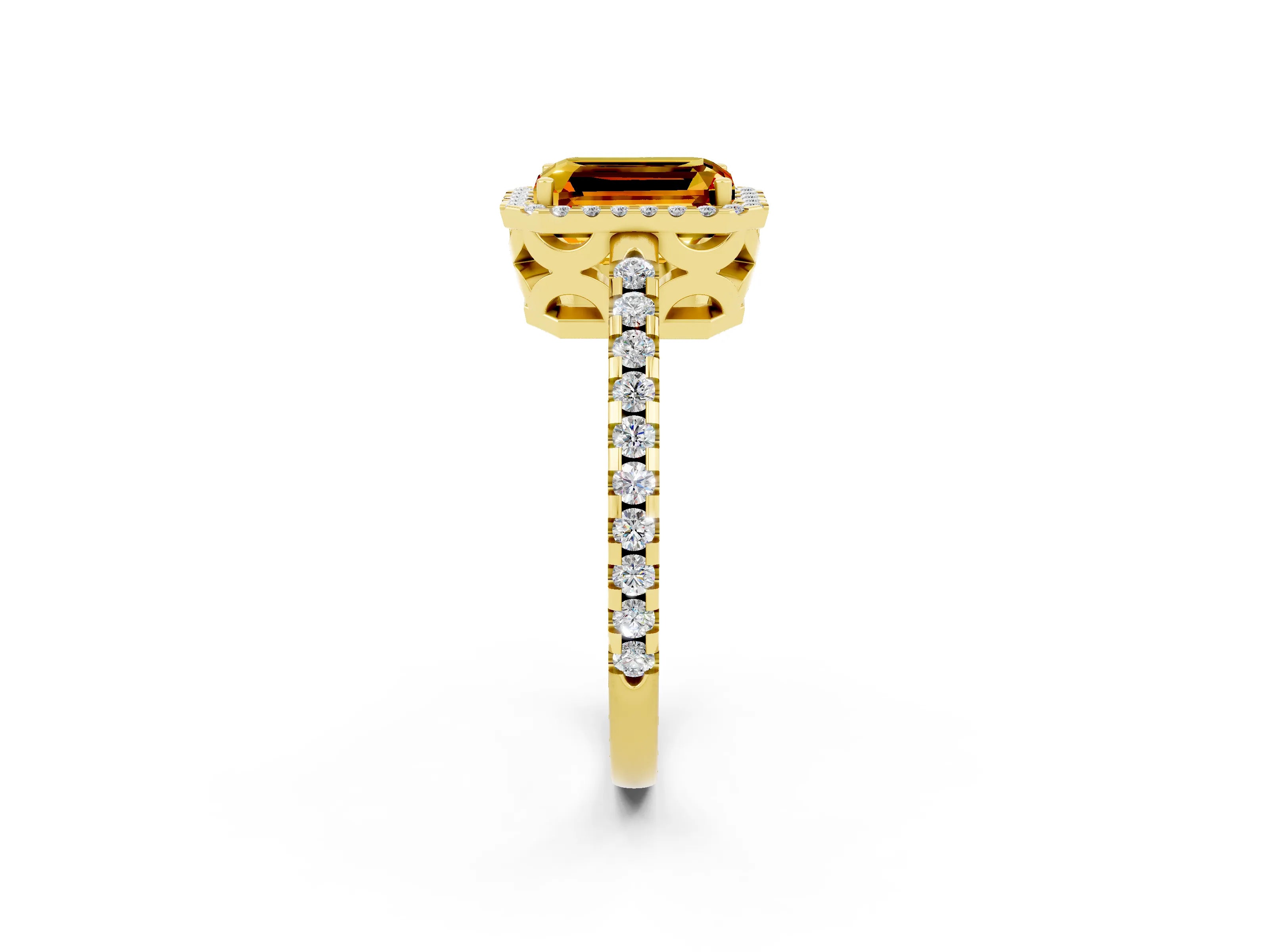 Yellow gold Emerald Cut Citrine Halo Engagement Ring with Pavé Band and Prong Setting_14