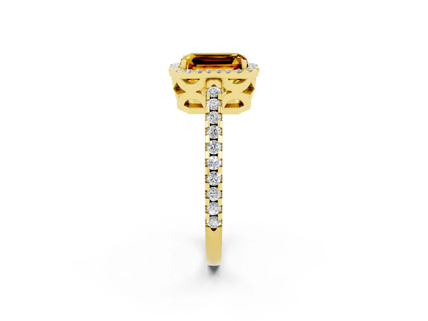 Yellow gold Emerald Cut Citrine Halo Engagement Ring with Pavé Band and Prong Setting
