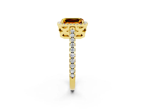 Yellow gold Emerald Cut Citrine Halo Engagement Ring with Pavé Band and Prong Setting_14