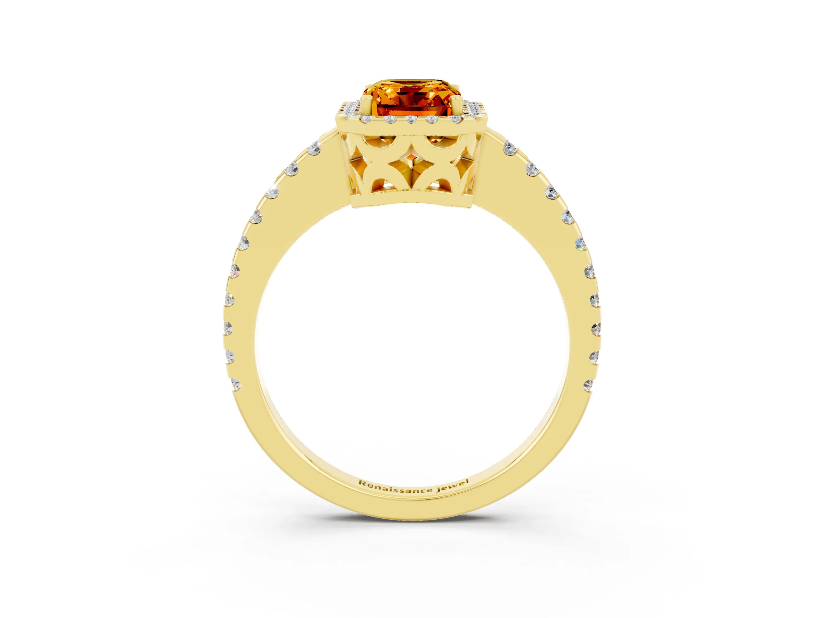 Yellow gold Emerald Cut Citrine Halo Engagement Ring with Pavé Band and Prong Setting_15