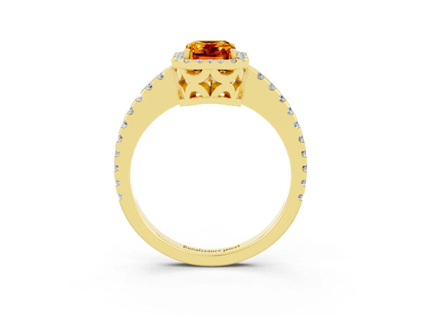 Yellow gold Emerald Cut Citrine Halo Engagement Ring with Pavé Band and Prong Setting