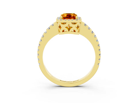 Yellow gold Emerald Cut Citrine Halo Engagement Ring with Pavé Band and Prong Setting_15