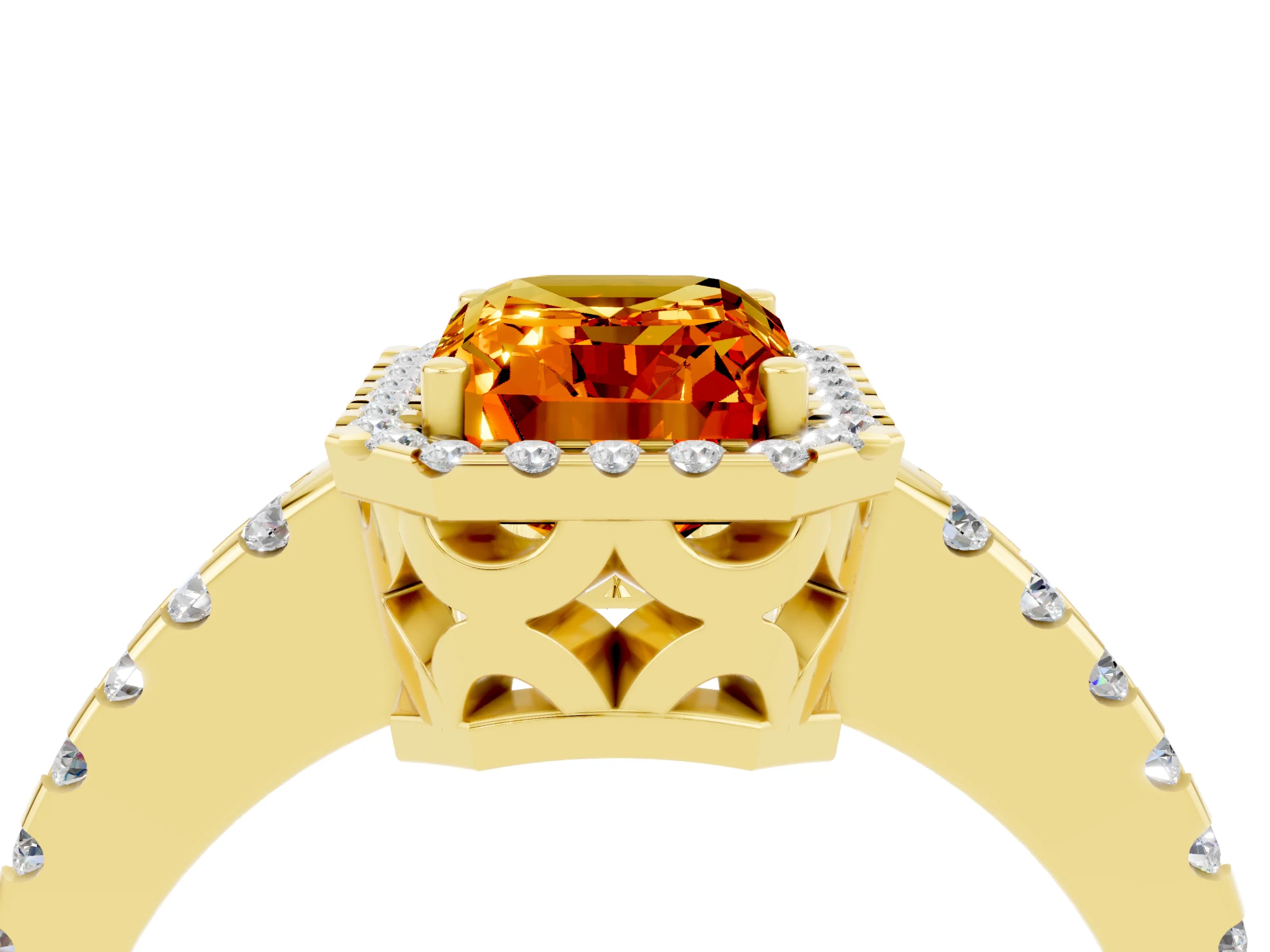 Yellow gold Emerald Cut Citrine Halo Engagement Ring with Pavé Band and Prong Setting_16