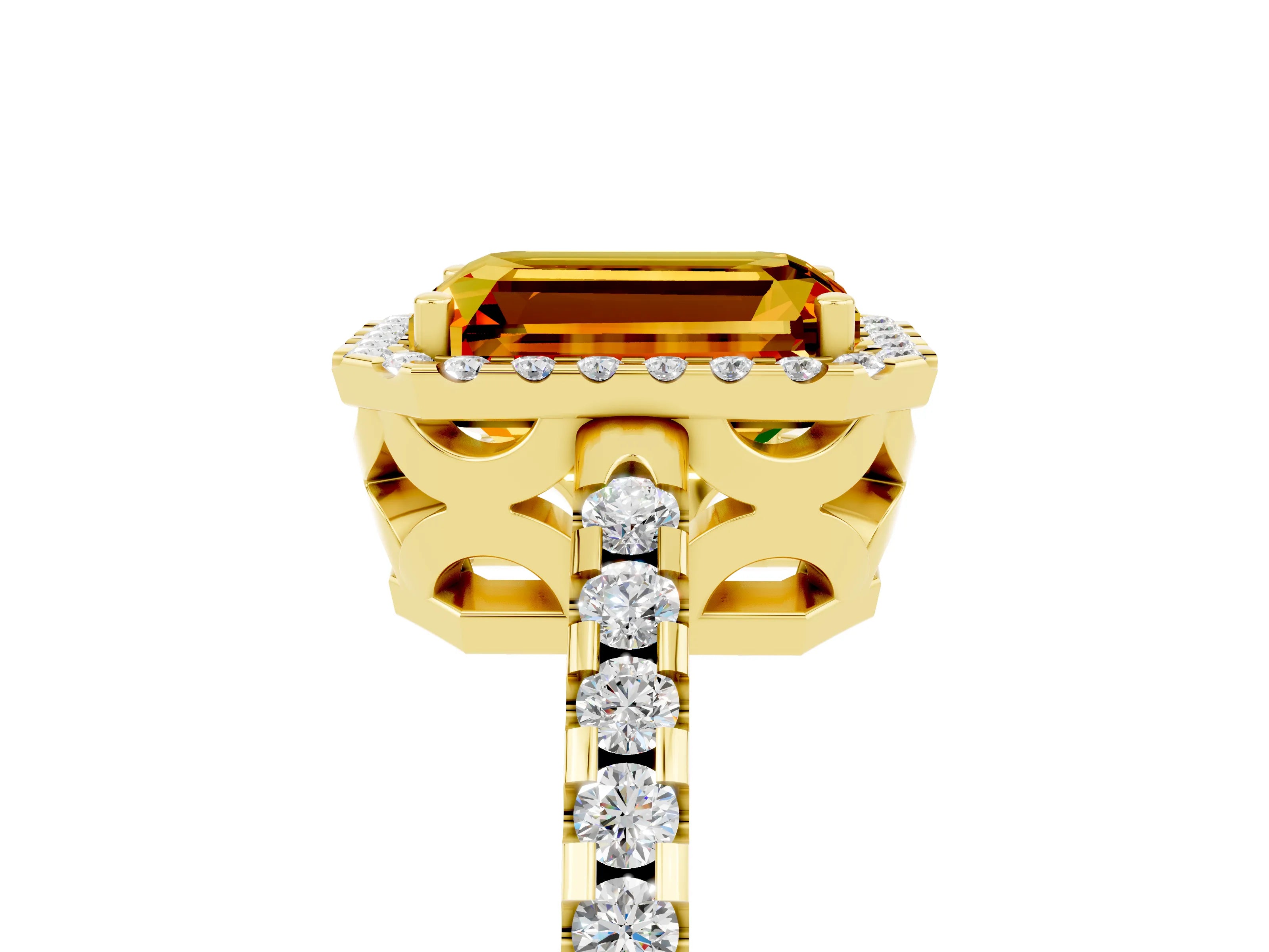 Yellow gold Emerald Cut Citrine Halo Engagement Ring with Pavé Band and Prong Setting_17