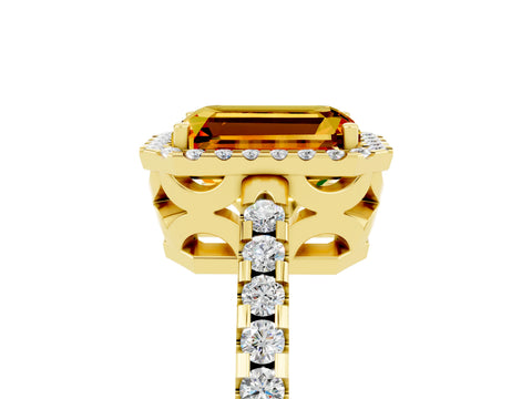 Yellow gold Emerald Cut Citrine Halo Engagement Ring with Pavé Band and Prong Setting_17