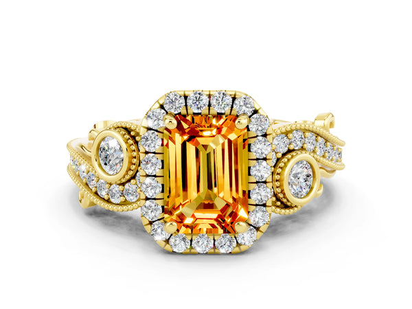 Yellow gold Emerald Cut Citrine Halo Ring with Milgrain Pavé Band and Four-Prong Setting