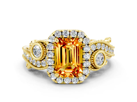 Yellow gold Emerald Cut Citrine Halo Ring with Milgrain Pavé Band and Four-Prong Setting_12
