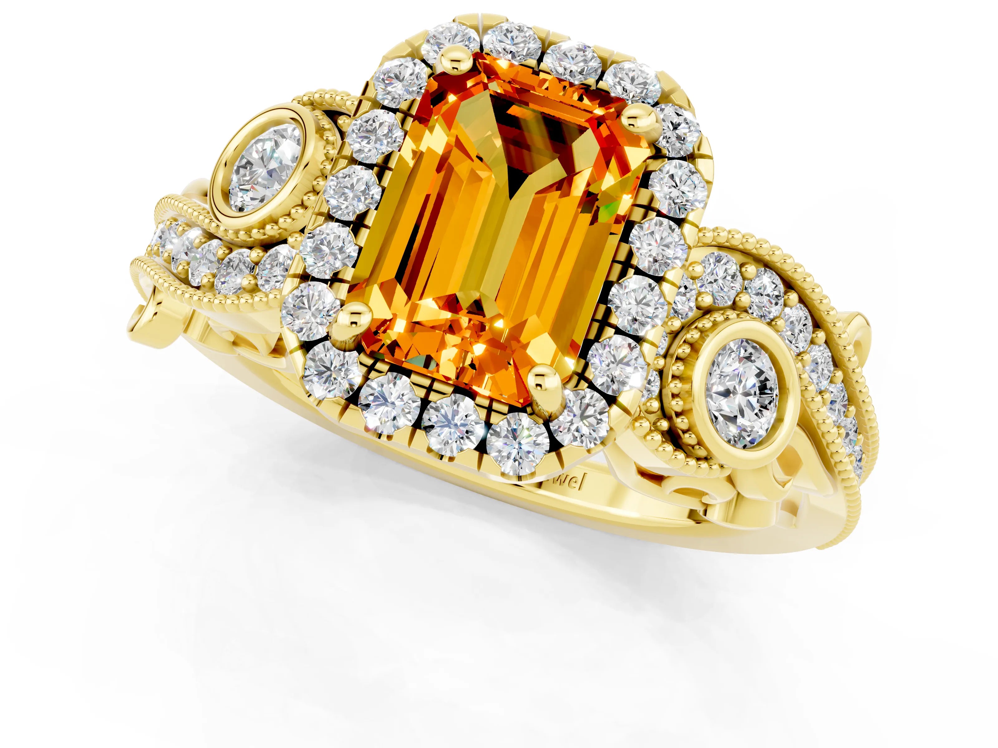 Yellow gold Emerald Cut Citrine Halo Ring with Milgrain Pavé Band and Four-Prong Setting_13