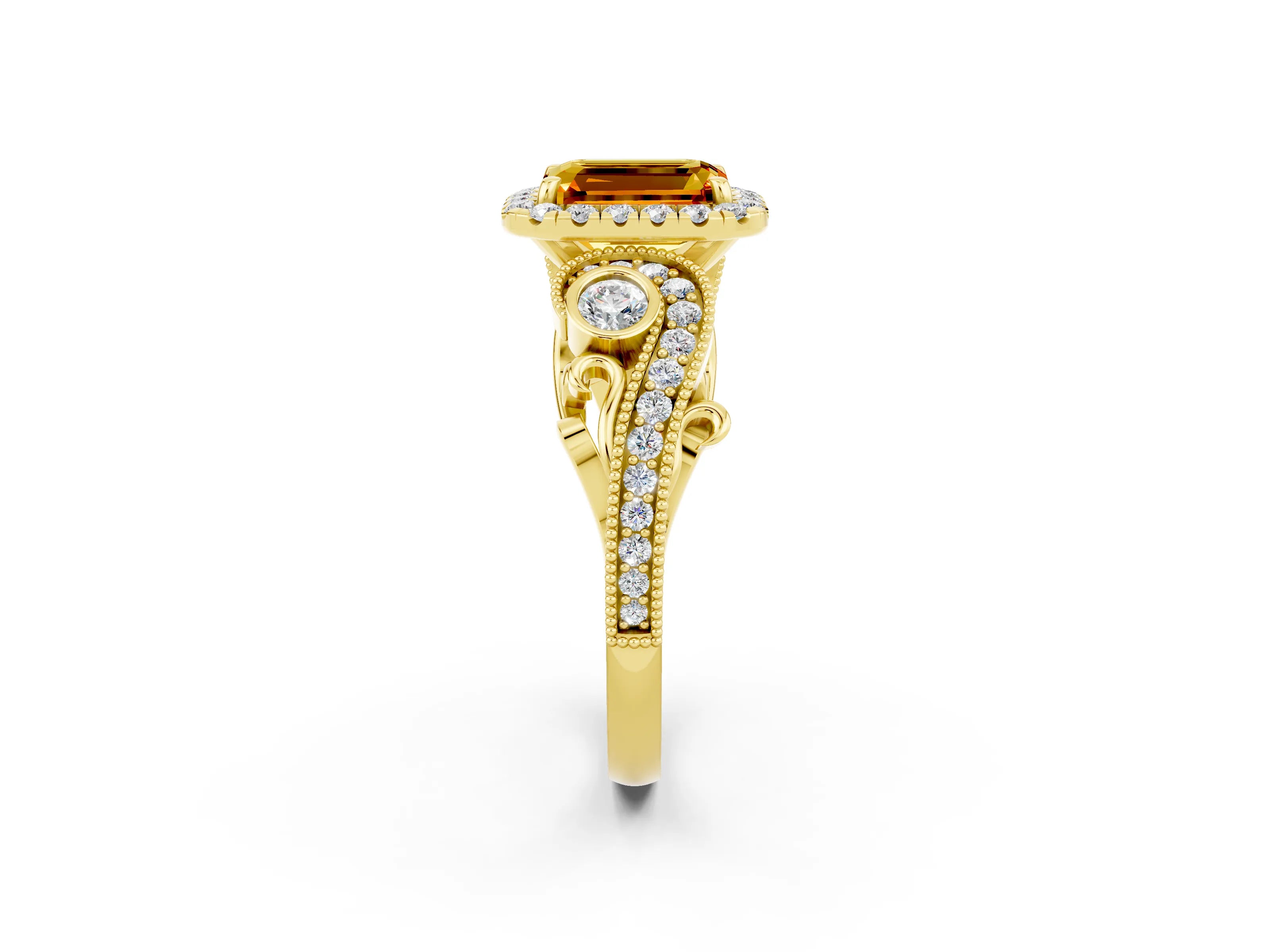 Yellow gold Emerald Cut Citrine Halo Ring with Milgrain Pavé Band and Four-Prong Setting_14