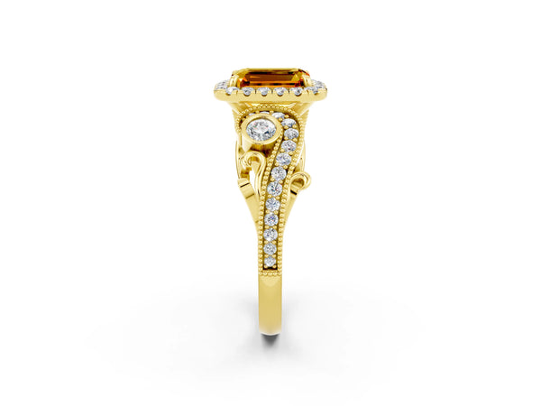 Yellow gold Emerald Cut Citrine Halo Ring with Milgrain Pavé Band and Four-Prong Setting