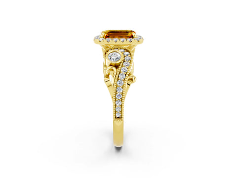 Yellow gold Emerald Cut Citrine Halo Ring with Milgrain Pavé Band and Four-Prong Setting_14