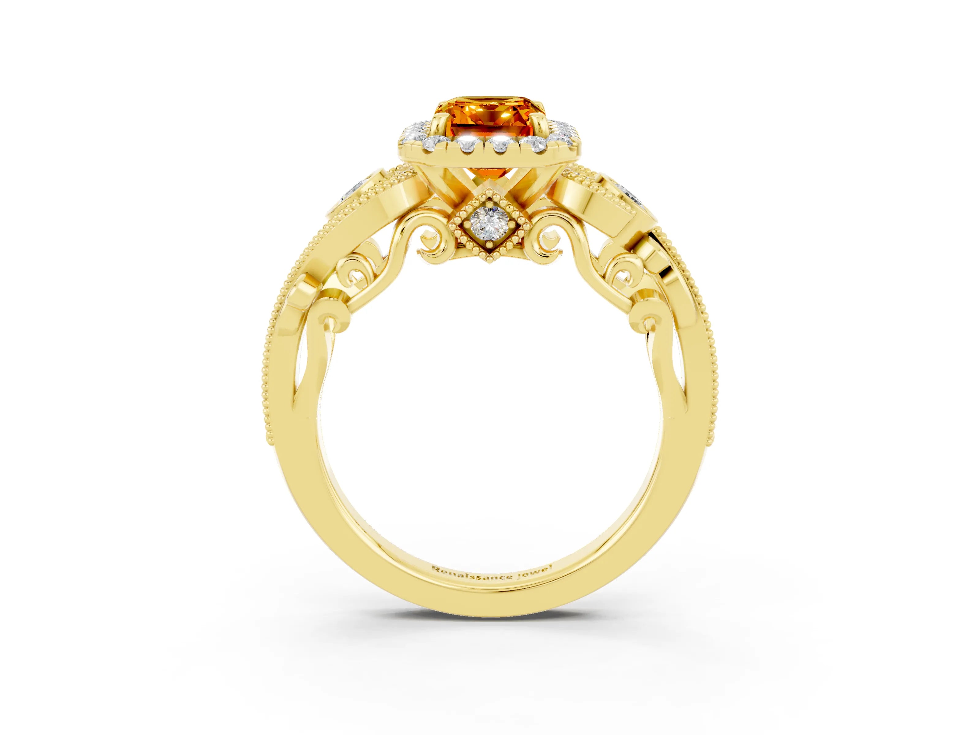 Yellow gold Emerald Cut Citrine Halo Ring with Milgrain Pavé Band and Four-Prong Setting_15