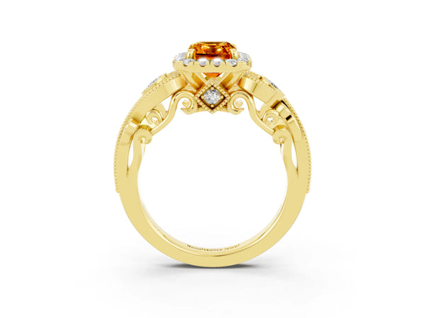 Yellow gold Emerald Cut Citrine Halo Ring with Milgrain Pavé Band and Four-Prong Setting