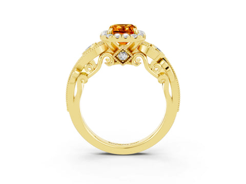 Yellow gold Emerald Cut Citrine Halo Ring with Milgrain Pavé Band and Four-Prong Setting_15