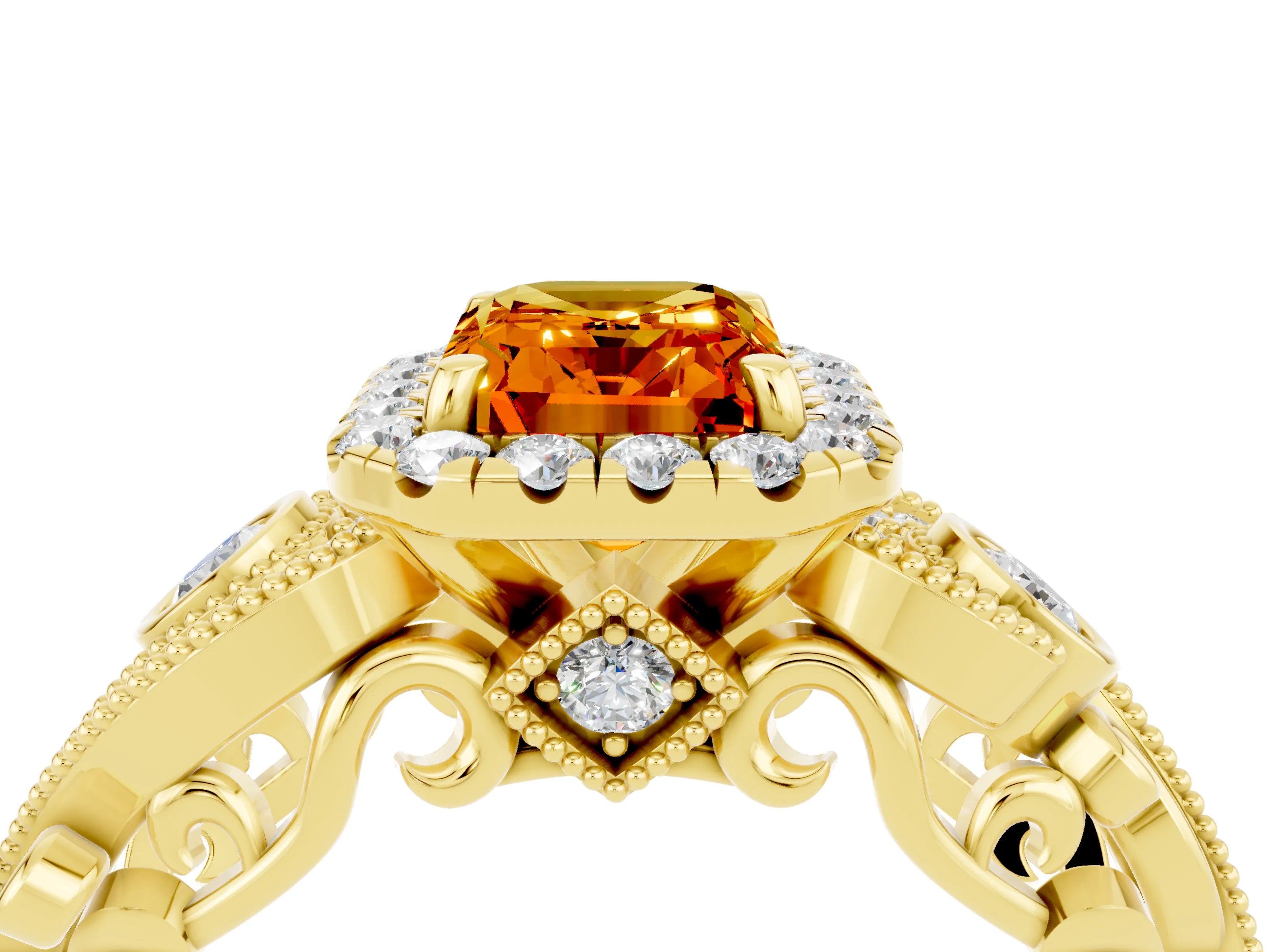 Yellow gold Emerald Cut Citrine Halo Ring with Milgrain Pavé Band and Four-Prong Setting_16