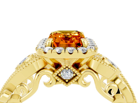 Yellow gold Emerald Cut Citrine Halo Ring with Milgrain Pavé Band and Four-Prong Setting_16