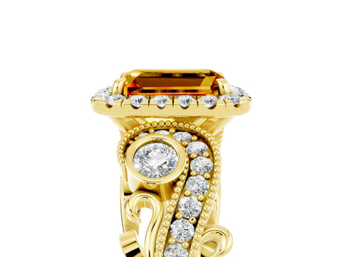 Yellow gold Emerald Cut Citrine Halo Ring with Milgrain Pavé Band and Four-Prong Setting_17