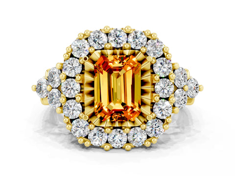 Yellow gold Emerald Cut Citrine Halo Ring with Pavé Band and Four-Prong Setting_12