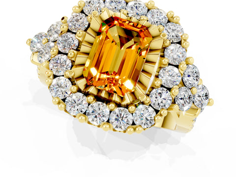 Yellow gold Emerald Cut Citrine Halo Ring with Pavé Band and Four-Prong Setting_13