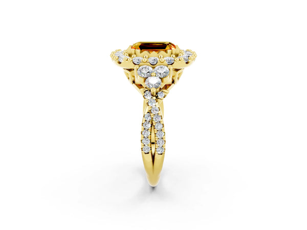 Yellow gold Emerald Cut Citrine Halo Ring with Pavé Band and Four-Prong Setting