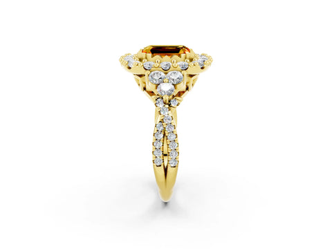 Yellow gold Emerald Cut Citrine Halo Ring with Pavé Band and Four-Prong Setting_14